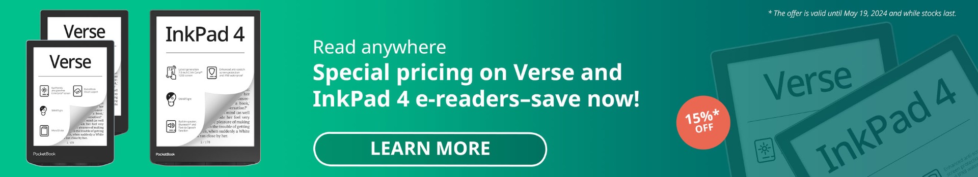 Read Anywhere: Save 15% on Verse and InkPad 4 E-Readers